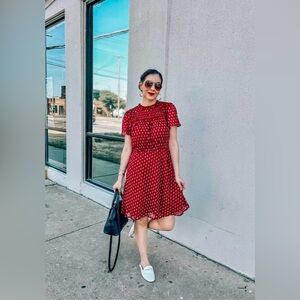 LOFT Paisley Clip Dot Smocked Yoke Flare Dress Red 4 Chiffon